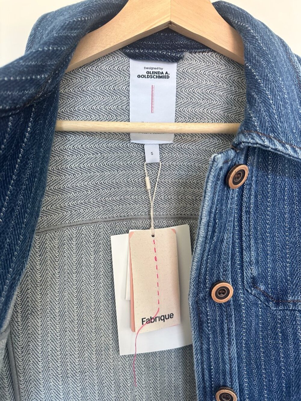 Fabrique Striped Washed Blue Pocket Jacket in Herringbone Denim | Size Small - Picture 4 of 11